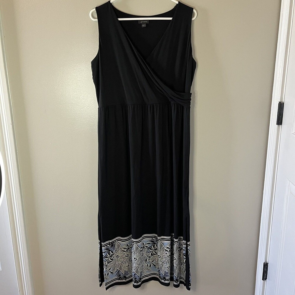 J. Jill Wearever Knit Maxi Dress Black Blue Floral Sleeveless Summer Sz …